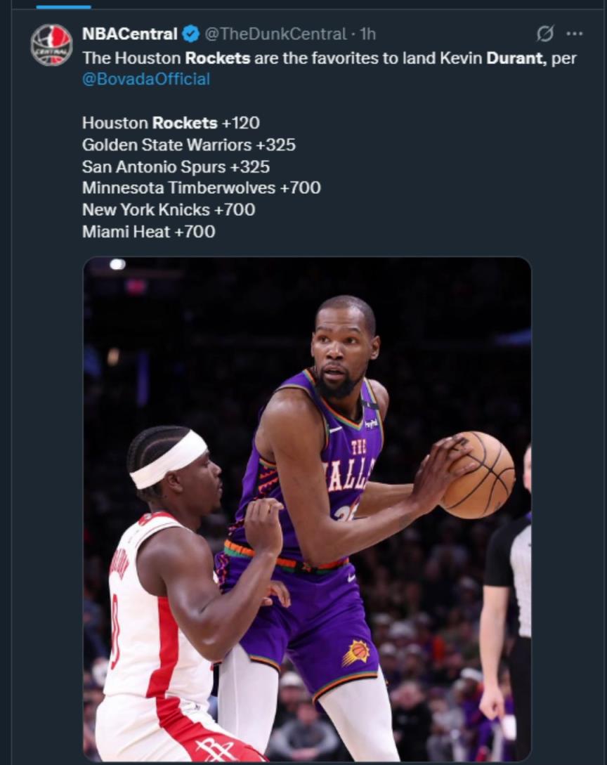 難道說？美媒曬杜蘭特下家賠率，火箭大幅度領(lǐng)跑！